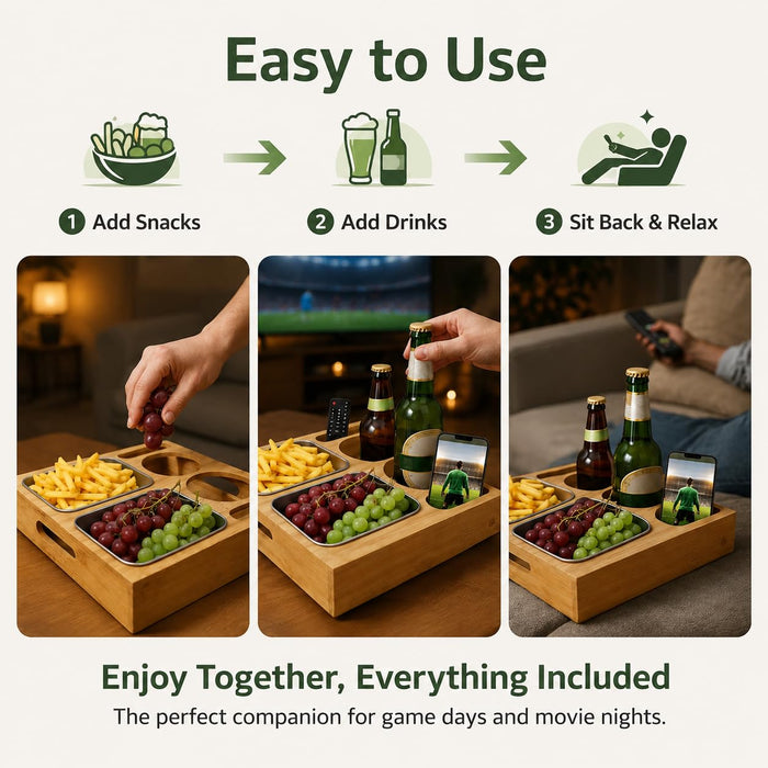 Bamboo Couch Tray with Cup Holders & Phone Slot – Sofa Snack Tray Organizer for Drinks, Snacks, Remote & Phone – Couch Caddy for Movie Night & Gifts for Men, Dad, Husband