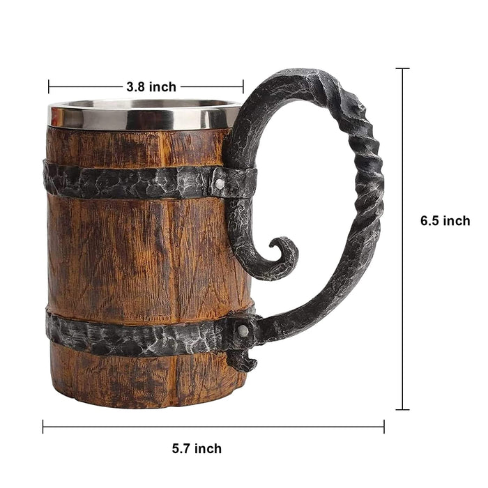 LAUGOKOBE Wooden Barrel Beer Mug, Large Viking Cup Wood Style Beer Stein with Handle, Double Wall Stainless Steel Tankard Mug, Antique gifts for Men Bar Restaurant Renaissance Accessories