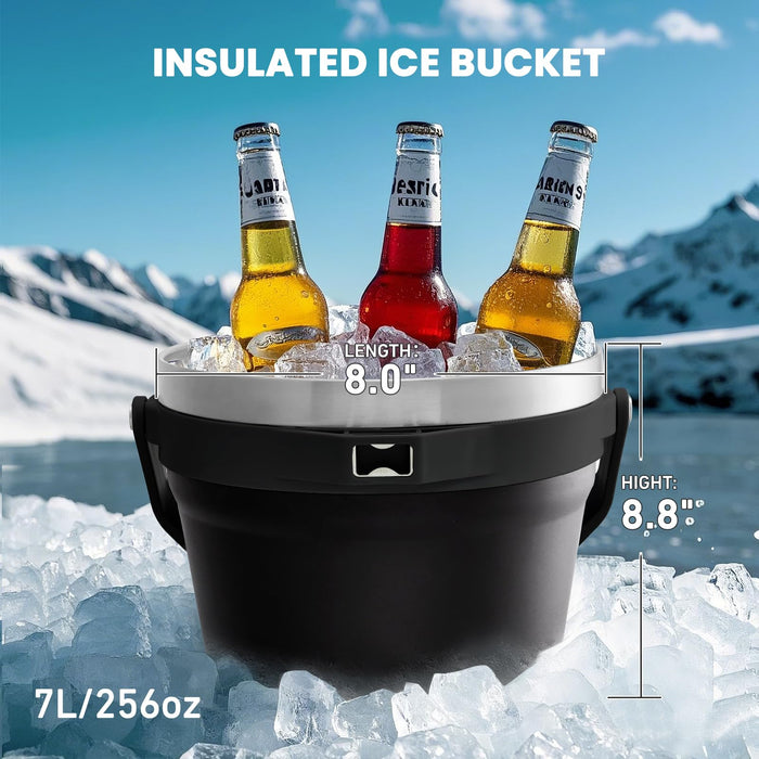 COKTIK 7L Insulated Ice Bucket with Lid，Double Wall Vacuum Stainless Steel Beverage Bucket Keeps Frozen Longer，Holds 6 Longnecks or 3 Bottles of Wine，for Cocktail, Champagne(No Accessories, Black)