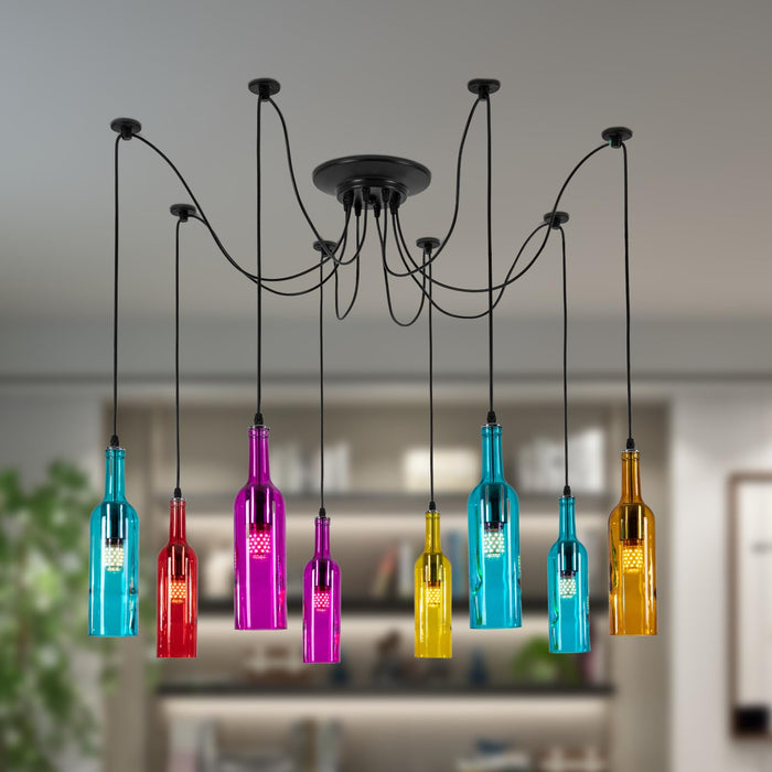 Colorful Beer Bottle Chandelier, 8 Heads Glass and Metal Suspension Device Ceiling Glass Ceiling Light Fixture, ‎Indoor Ceiling Mount Beer Bottle Chandelier for Bars, Restaurants, Living Rooms