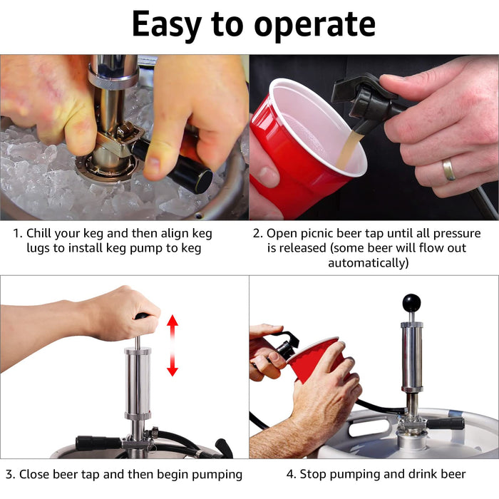MRbrew Keg Party Pump, American D System Beer Keg Tap Keg Hand Pump 4'' Picnic Pump with Beer Faucet & Beer Hose, Chrome-Plated Keg Draft Beer Party Pump with 2 Hose Clamps Kegerator Pump for Homebrew