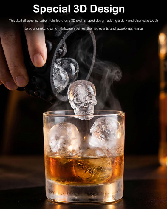 Skull Silicone Ice Cube Mold with Drink Glass,3D Skull Shape Ice Cubes, Ice Cylinder, Flexible Mold for Drinkers, Bartenders, Halloween Party, Ideal Gifts for Men (Black)