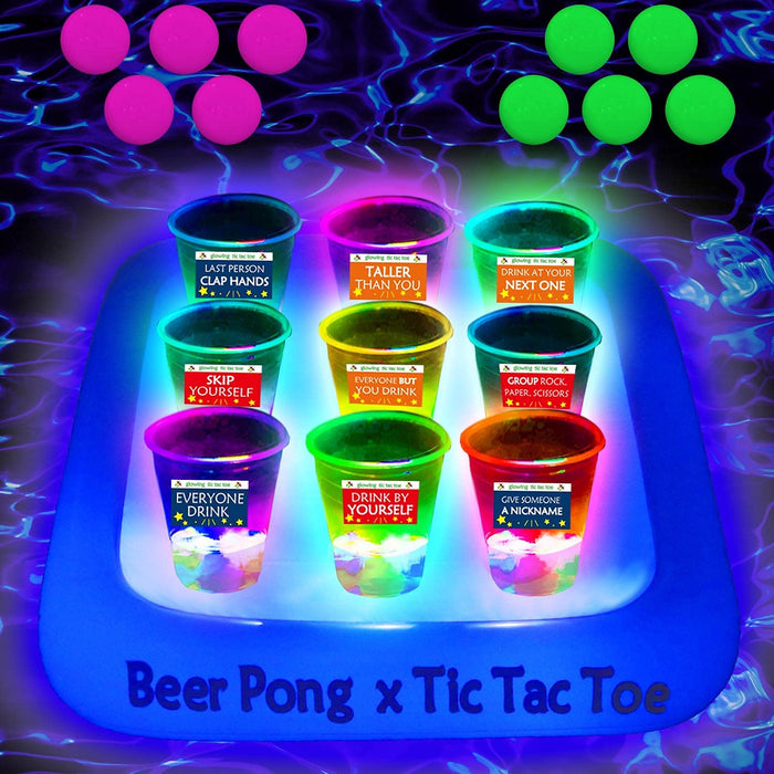 Ahuimeius 23 x 23 Inch Glowing Pool Party Rack Tic Tac Toe Floating Rafts, Swimming Pool Pong Party Game Drinking Game and Drink Holder, Includes 1 Rafts 9 Cups and 10 Pong Balls, Flashing Color 1