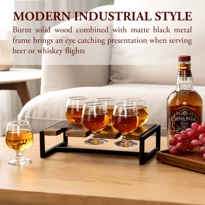 MyGift Urban Industrial Beer Whiskey Flight Board Tasting Set Includes Solid Burnt Wood and Black Metal Server Tray and 6 Small Snifter Sipping Glasses, Margarita, and Wine Tasting Flight Sampler