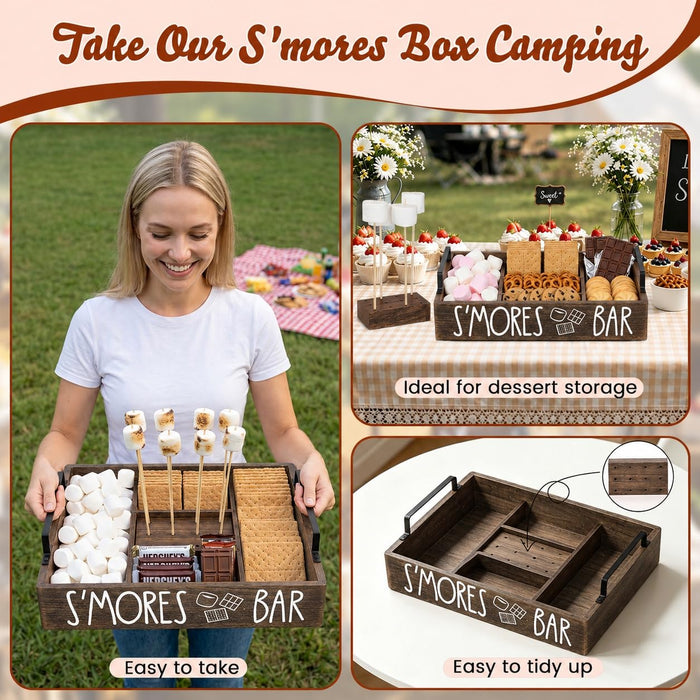 Wooden S'mores Bar Station, Smores Caddy Holder with Handles for Counter