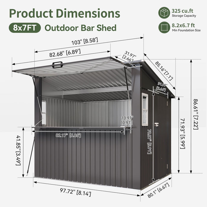 Aoxun 8x7 FT Outdoor Bar Shed with Canopy Black