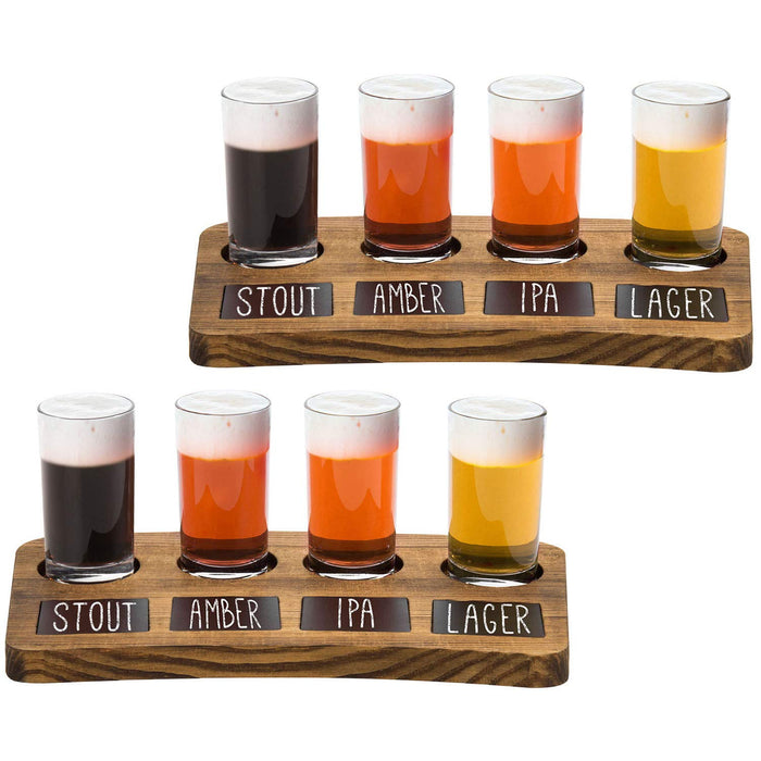 MyGift Beer Flight Board Sampler Set with 4 Tasting Beer Glasses, Brown Wood Serving Tray and Chalkboard Labels, Set of 2