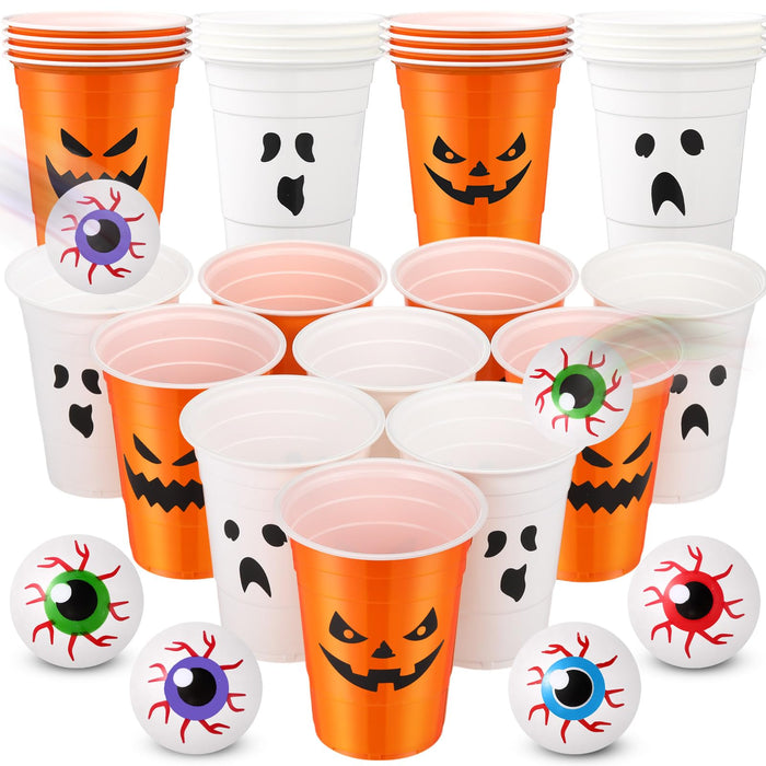Seenelling 30 Pack Halloween Party Supplies Includes 22 Pcs Beer Cups with Halloween Designs and 8 Pcs 1.5In Fake Eye Balls for Party Favors Indoor Outdoor Nighttime Competitive(Pumpkin Ghost)