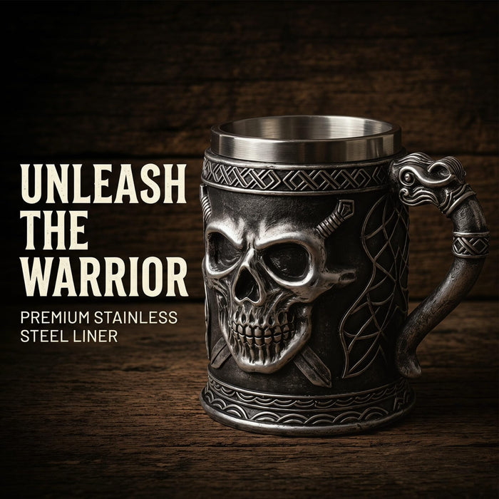 Brillantreal Viking Skull Tankard, 14oz Stainless Steel Beer Stein