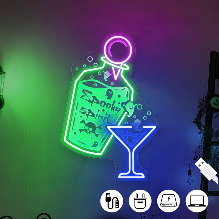 Halloween Spooky Spirits Neon Sign Cocktail LED Light, Dimmable USB-Powered with Adjustable Brightness, Easy to Hang, Wall Decor for Lounge, Home Bar&Haunted Pub