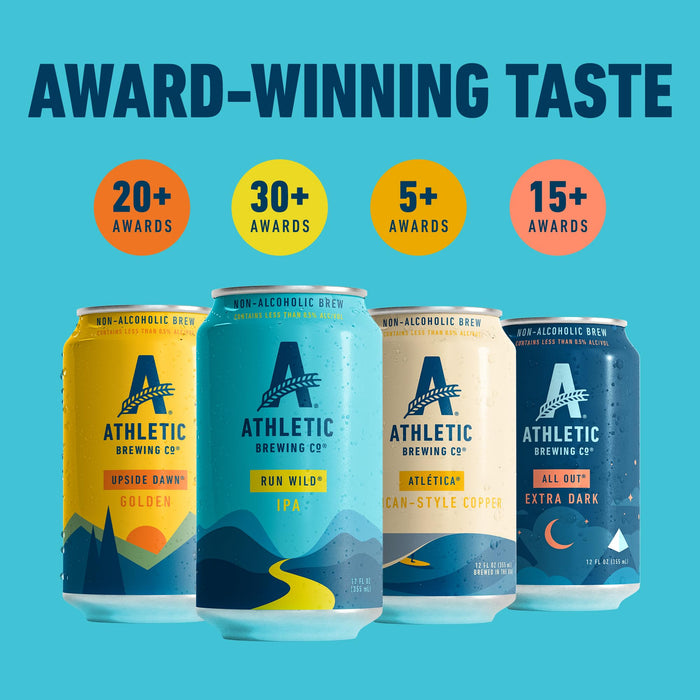 Athletic Brewing Company Craft NA - 6-Pack of All Out, Upside Dawn, Run Wild IPA, and Cerveza Atletica - Low-Calorie, Award Winning - All Natural Ingredients For A Great Tasting Drink - 12 Fl Oz Cans