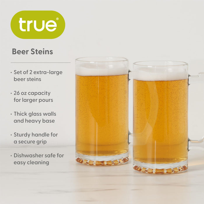 True Beer Glasses, Extra Large Beer Mugs with Handles, Thick Glass Steins for Lagers, Pilsners, Stouts, Root Beer, Birthday Gifts for Men, Game Night, Happy Hour, Home Bar, 26 oz, Set of 2