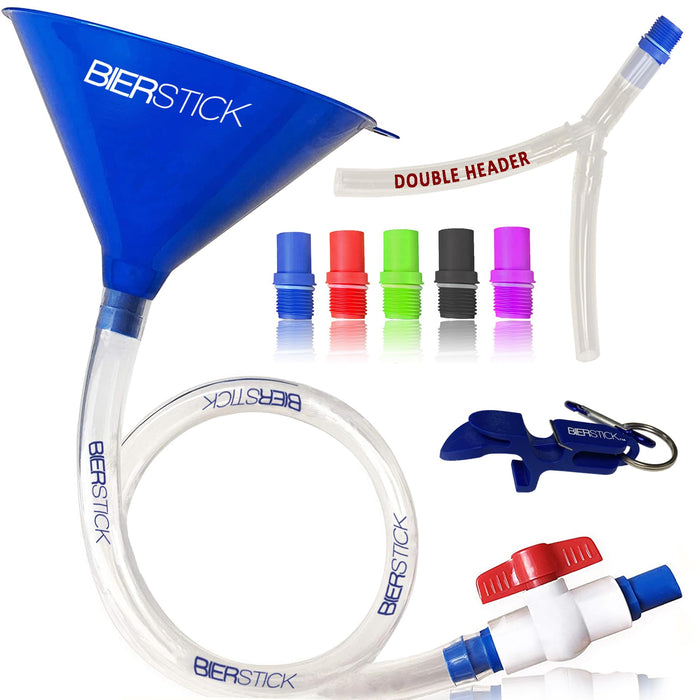 Beer Bong Tube and Funnel - with Valve, Optional Single or Double Header Y-Attachment, 5 Interchangeable Mouthpieces, Shotgun Keychain Tool - Kink-Free Hose for Bierstick Beerbong (Blue)