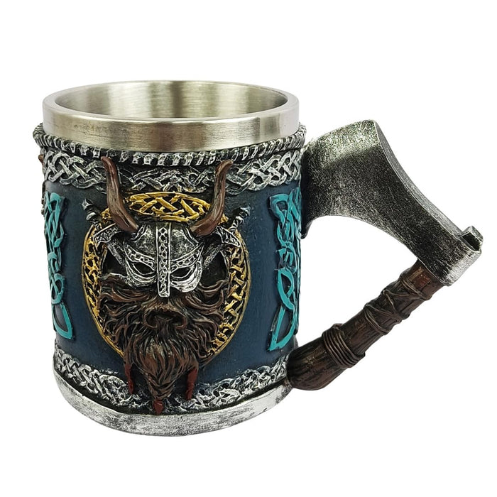Viking Beer Mug 15oz Stainless Steel Double Wall Heavy Mug, Hand-Carved Oak with Norse Runes, Axe Handle Tankard Gifts for Men Medieval Drinking Cup, Cool Beer Stein for Home Bar Viking Decor