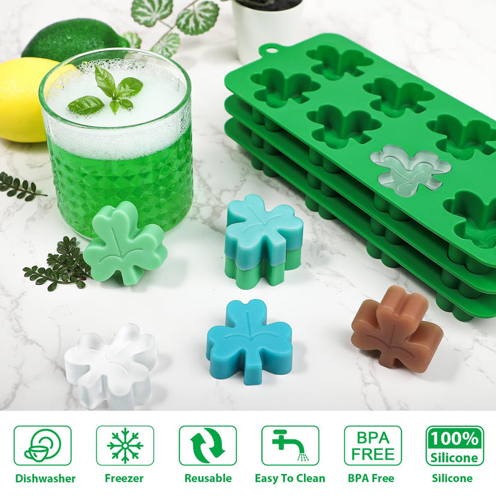Webake Shamrock Ice Cube Mold Silicone, 8-Cavity Leaf Clover Mold for Ice Cube, Chocolate, Cupcake Decorations, Jello, Great for St. Patrick Day, Irish Holiday, Daily, Pack of 3