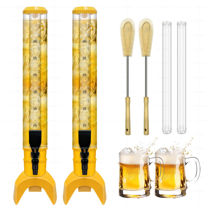 Julymoda 2 Pcs Beer Dispenser, 3L/100 Oz Mimosa Tower with Ice Tube for Bar Party, Tabletop Beer Dispenser for Beer, Liquor, Beverage (Yellow)