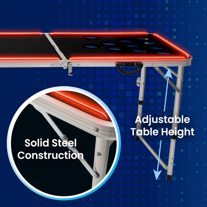 LED Portable Pong Table, Folding Party Game Set, for Tailgating and Outdoor Parties, 8-Foot Length