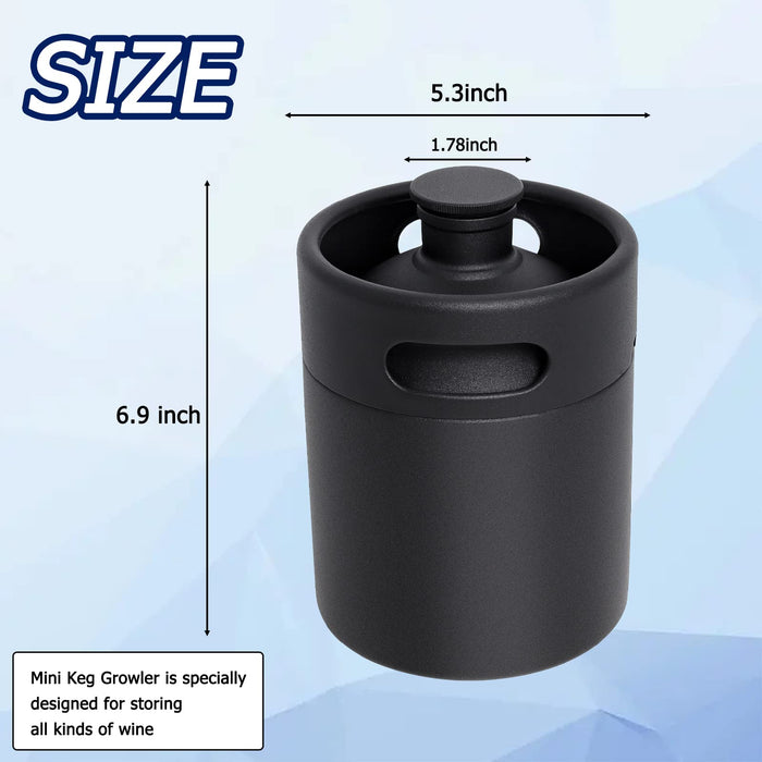 Mini Keg Growler, 64 OZ 304 Stainless Steel Mini Beer Keg with Seal knob Cover, Pressurized Growler with No Scratch Matte Black Powder Coated for Home kitchen Brewing Beer(2L)