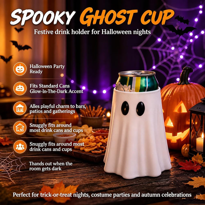 Ghost Can Holder, Halloween Ghost Figurine Table Decor, Cute Ghost Drink Cooler Sleeve with Bottle Opener, Universal Beverage Holder for Slim Cans, Spooky Party Decor (Black, 12 oz Standard)