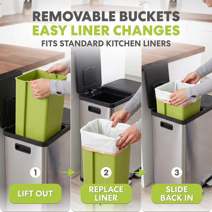 SIMPLI-MAGIC 60 Liter / 16 Gallon Rectangular Hands-Free Dual Compartment Recycling Kitchen Step Trash Can with Soft-Close Lid, Brushed Stainless Steel
