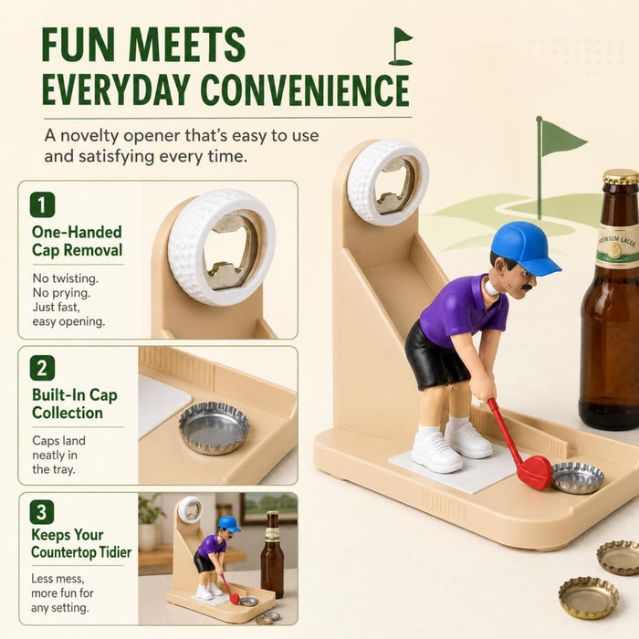 Golf Swing Beer Buddy, Golf-Themed Automatic Bottle Opener with Cap Catcher, Funny Golf Bar Accessory Gift for Men, Dad, Golf Lovers, Home Bar, Man Cave, Party (1PC)