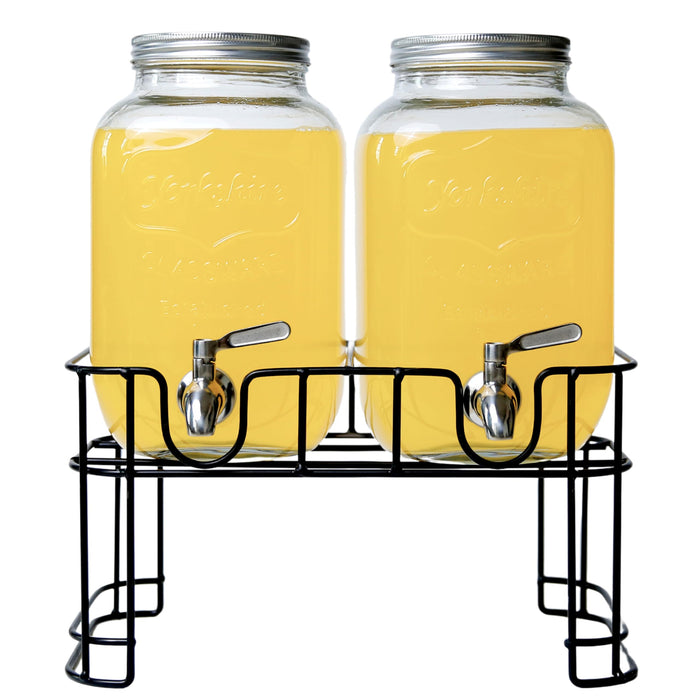Kitchentoolz Dual Gallon Glass Beverage Dispensers with Fruit Infuser & Ice Insert – Stainless Steel Spigots, Metal Stand, and Drip Trays for Cold Drinks & Flavored Water