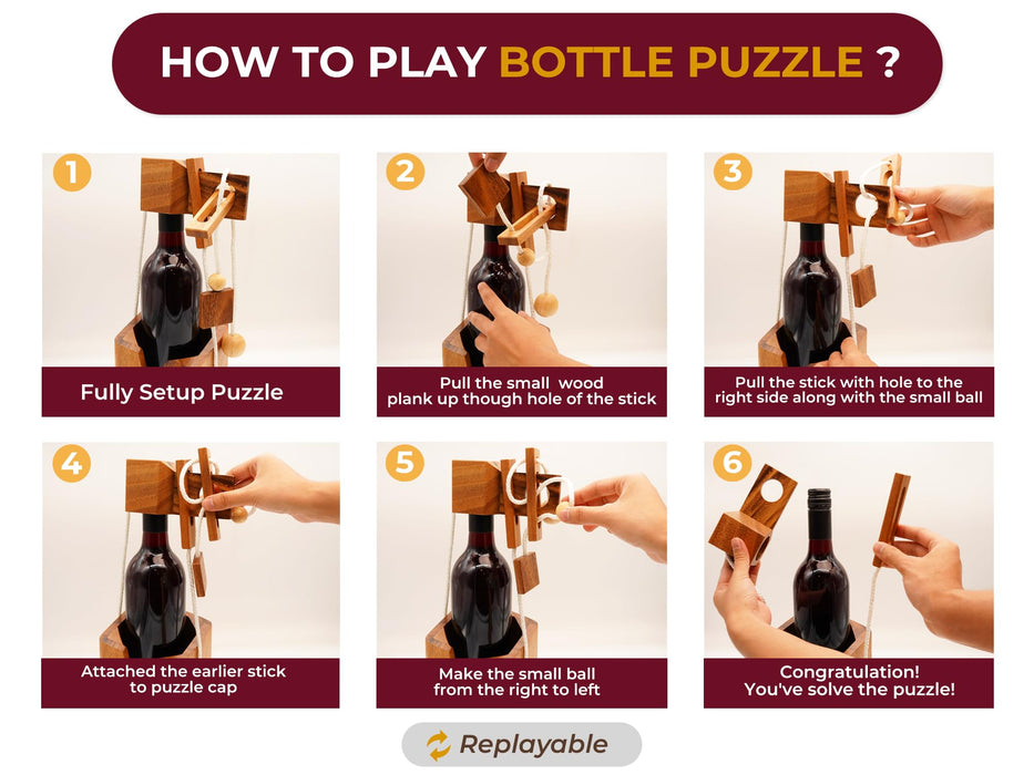 Think for Wooden Bottle Puzzle Lock Adult Game Functional Holder Brain Teaser Gift Unique Stick in Bottles Puzzles Unlock Games for Parties Night White Elephant Secret Santa Rustic Room Decor