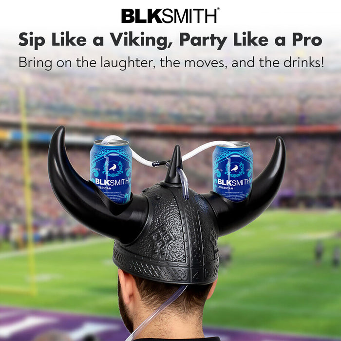 BLKSMITH Viking Drinking Helmet with Straws – Funny Beer Hat Holds 2 Cans – Adjustable Novelty Drinking Helmet Fits 16–24" Head – Gag Gift for Men, Dad, Husband, Bachelor Party, Tailgating - (Black)