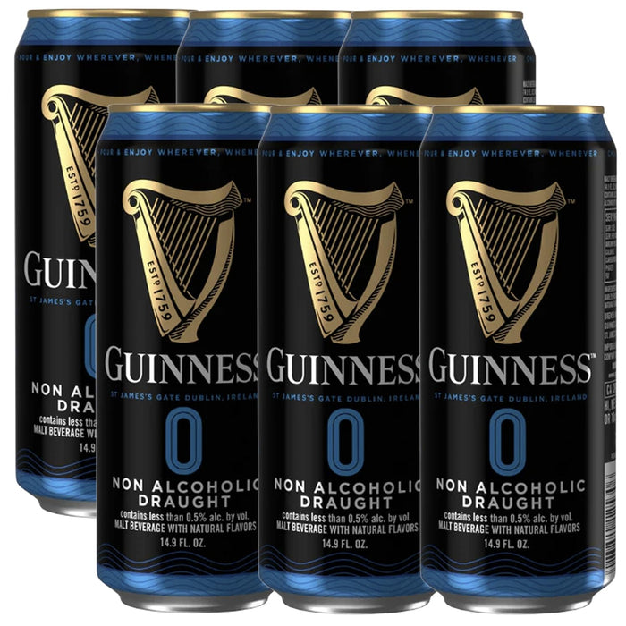 Guinness 0 Zero 6 Pack Non-Alcoholic Draught Stout Beer | 14.9oz Cans | Alcohol-Free Brew