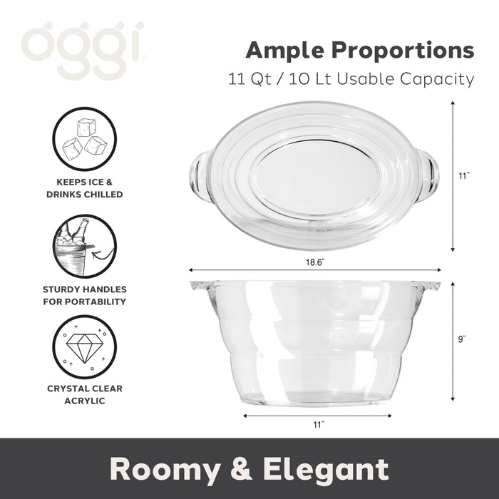 OGGI Acrylic Oval Party Tub - Clear Beverage Cooler w/Handles, Wine Cooler, Beer Chiller, Ideal Party Tubs for Drinks, Use Ice Tub for Indoor or Outdoor Bars, 18.5" x 11"