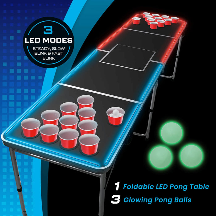LED Portable Pong Table, Folding Party Game Set, for Tailgating and Outdoor Parties, 8-Foot Length
