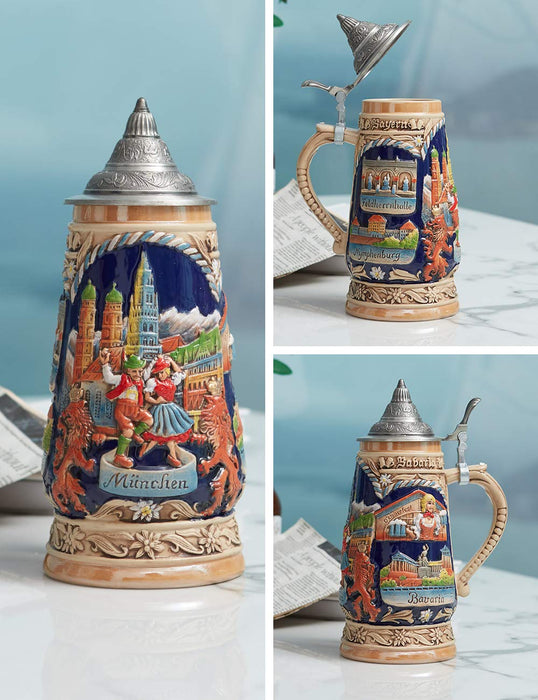HAUCOZE Beer Stein Mug German Munich Bavarian Drinking Viking Tankard with Petwer Lid for Birthday Gifts Men Father Husband 1.0Liter