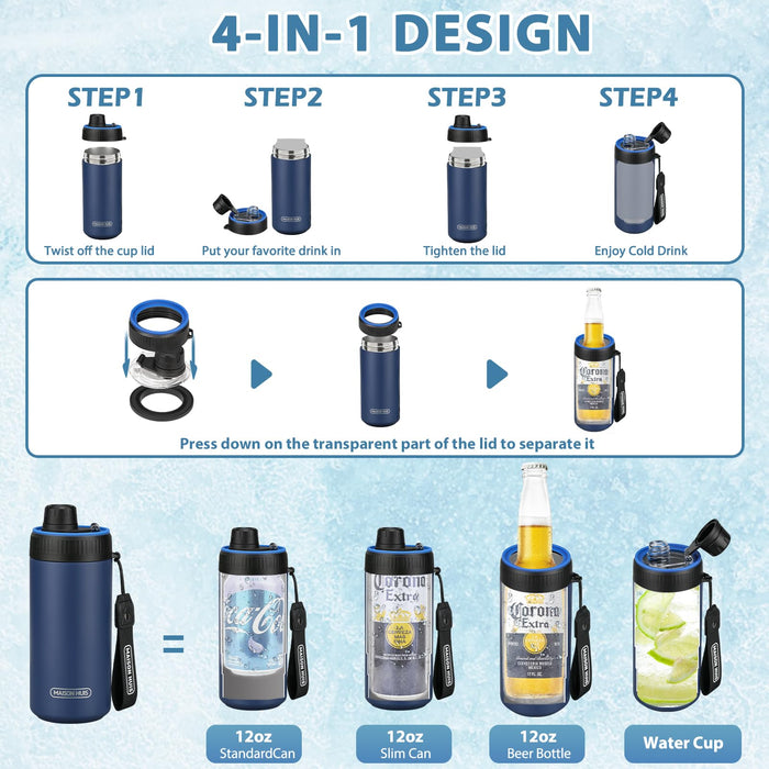 4 In 1 Beer Can Cooler Bottle Holder with Drinking Spout Lid for 12oz Regular, Slim Skinny Cans and Thermal Bottles,Sealed Insulated Double Wall Vacuum Stainless Steel Can Keeps Your Drinks Cold
