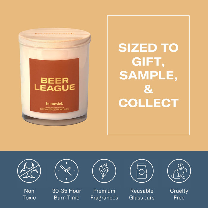 Homesick Scented Candles for Home (Beer League) - 7.5 oz Long-Lasting Natural Soy Wax Blend Jar Candle Gift for Women & Men for All Occasions, 30-35 Hours Burn Time - Notes of Tobacco & Tonka