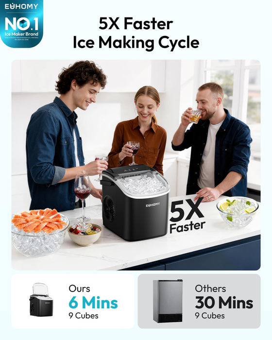 EUHOMY Countertop Ice Maker Machine with Handle, 26lbs in 24Hrs, 9 Ice Cubes Ready in 6 Mins, Auto-Cleaning Portable Ice Maker with Basket and Scoop, for Home/Kitchen/Camping/RV. (Black)