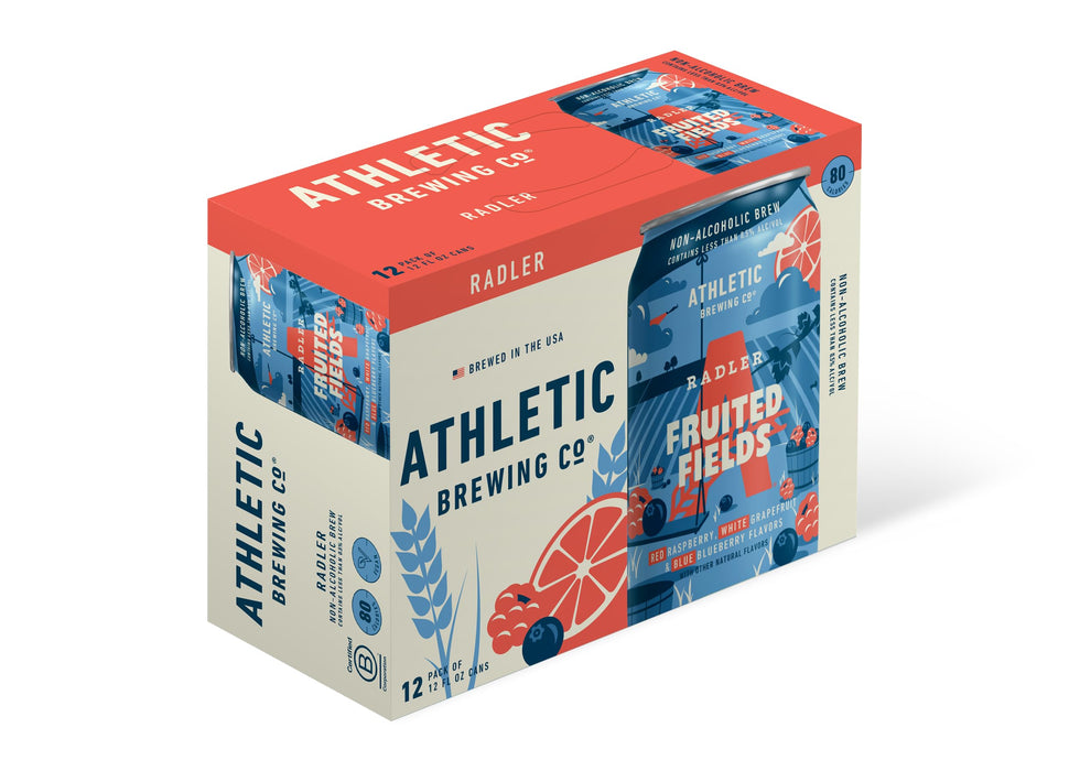 Athletic Brewing Company Craft Non-Alcoholic Beer, Low-Calorie Radler-Style, Pair With Hot Dogs, Burgers, Potato Salad, Vegan Hops Blend With Berry & Tangy Grapefruit Notes, Fruited Fields, 12 Pack, 12 Fl Oz Cans