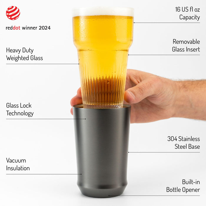 Elevated Craft Hybrid Vacuum Insulated Stainless Steel Base with Removable Pint Glass Insert, Ideal Insulation for Beers & Cold Beverages with Built-in Bottle Opener, Durable & Stylish, Black (16 oz)