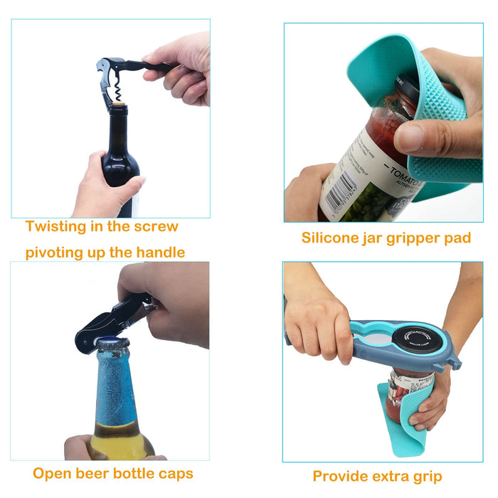 Otstar 6-in-1 Jar Opener & Bottle Opener Set for Weak Hands - Multi-Function Kitchen Opener Tool for Seniors with Arthritis, Elderly - Includes Jar Lid Gripper Pad, Corkscrew Opener