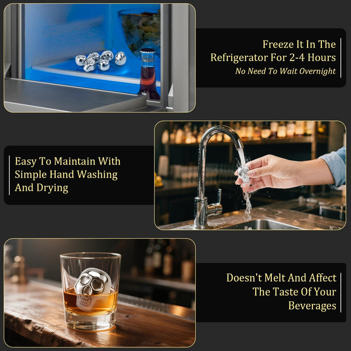 Inlisy Whiskey Stones Skull Edition Spooky Halloween Bar Gift, Set of 6 Metal Ice Cubes, 2 Skull Measuring Short Glasses and 1 Tip Tong, Reusable Stainless Steel Ice Cube
