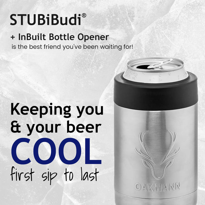 OAKMANN Stainless Steel Beer Cooler With Bottle Opener, Vacuum Insulated Can Cooler 12 oz for Bottles Cans, 4-in-1 Universal Insulator Coozy for Bottles Cans, Beer Gifts for Men (Steel)