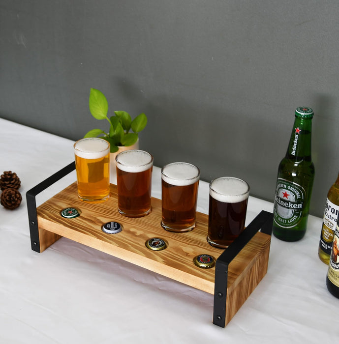 Owlgift Brown Wood Beer Flight Sampler Tray Holder Serving Set w/ 4 Glasses & Bottle Cap Holder & Black Metal Handles, Outdoor Bar Accessory, Drink Stand, Beer Gifts