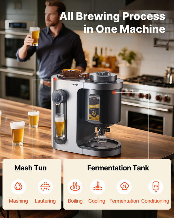 VEVOR Automatic Home Beer Brewer, 3.43 Gal All-in-One Home Brew Machine, 1500W Power Electric Beer Maker Machine with Mash Boil Device, 304 Stainless Steel Inner Tank, Auto Temp & Pressure Control