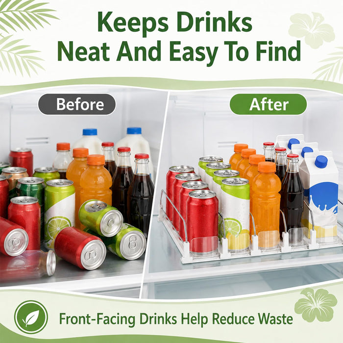 Drink Organizer for Fridge, 5 Row Automatic Pusher Glide, Adjustable Width Soda Can Dispenser for Refrigerator-Holds up to 25 Cans