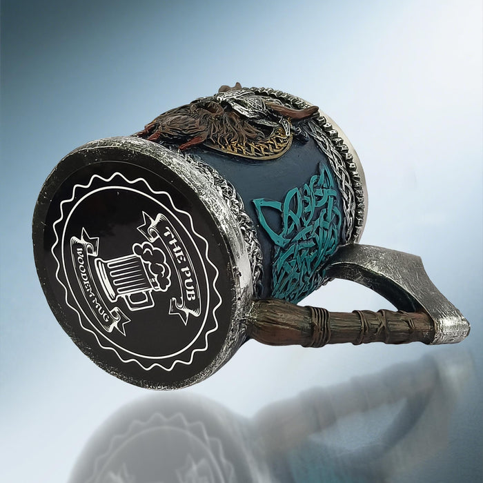 Viking Beer Mug 15oz Stainless Steel Double Wall Heavy Mug, Hand-Carved Oak with Norse Runes, Axe Handle Tankard Gifts for Men Medieval Drinking Cup, Cool Beer Stein for Home Bar Viking Decor