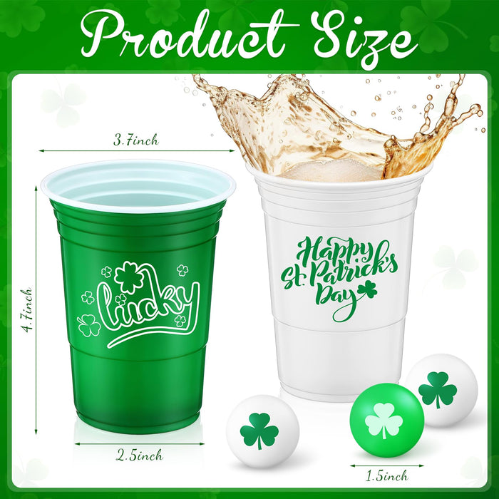 Pickmesh 30 Pack St. Patrick's Day Party Game Set, 22 Pack 16 oz St Patricks Day Plastic Beer Cups and 8 Pack 1.5in Green Shamrocks Balls Beer Game Set for Irish Festival Party Games Favors