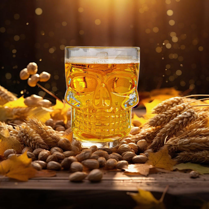 Beer Mugs Set of 4 - Skull Glasses with Handle - 17 OZ Heavy Base Drinking Tiki Glasses - Clear Beer Stein Cup for Whiskey, Wine, Juice, Home Bar, Halloween Decorations Gifts