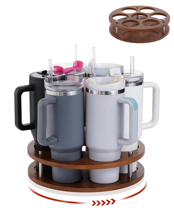FAITIO Rotating Wood Tumbler Organizer, 30 oz 40 oz Spinning Turnable Tumblers Holder, 360° Rotatable 7 Large Cups Bottle Tumbler Storage Display Stand, Rotate Syrup Organizer for Cabinet Countertop