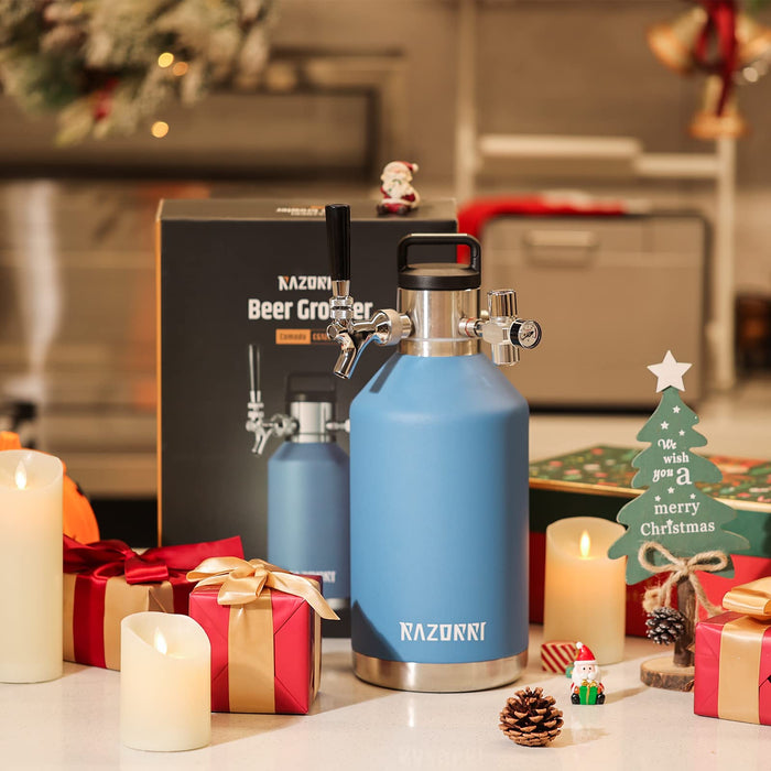 Razorri 128oz Stainless Steel Beer Growler, Double-Wall Vacuum Insulated Carbonated Keg with Professional Bar Tap and Pressurized CO2 Regulator, 1 Gallon, Ocean Blue