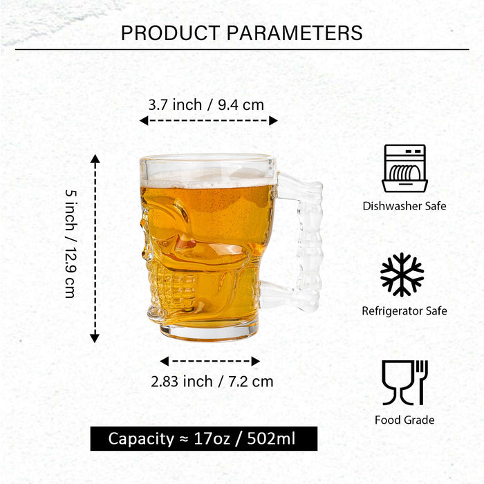 Beer Mugs Set of 4 - Skull Glasses with Handle - 17 OZ Heavy Base Drinking Tiki Glasses - Clear Beer Stein Cup for Whiskey, Wine, Juice, Home Bar, Halloween Decorations Gifts