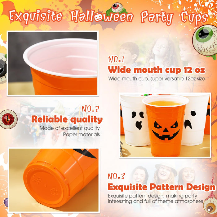 Seenelling 30 Pack Halloween Party Supplies Includes 22 Pcs Beer Cups with Halloween Designs and 8 Pcs 1.5In Fake Eye Balls for Party Favors Indoor Outdoor Nighttime Competitive(Pumpkin Ghost)